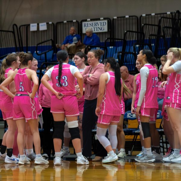 Coach Burgin talking to her players during a time out 