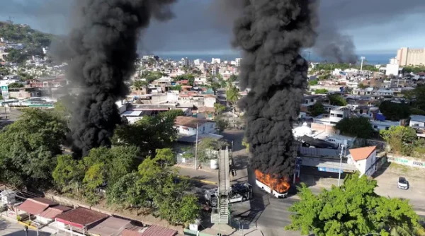 Two buses set ablaze by the New Generation Cartel Jalisco. Picture is taken at Puerto Vallarta.