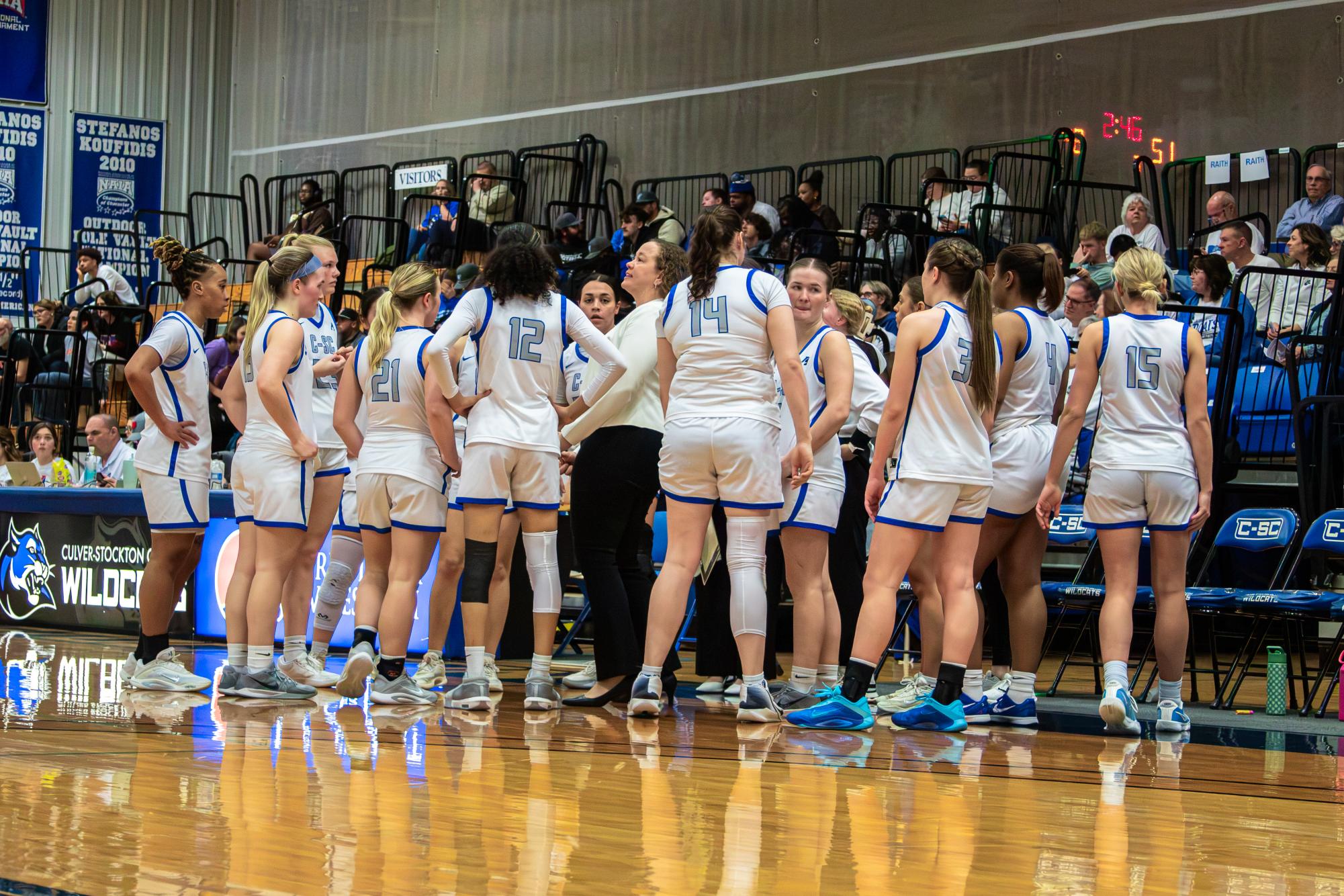 Women's Basketball huddle during playoff game against Missouri Valley